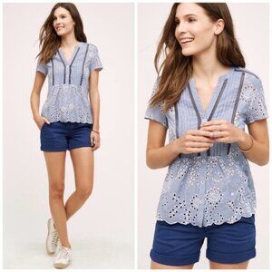Anthropologie Holding Horses Blue & White Split Neck Eyelet Blouse Size 4